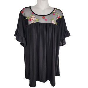 Kristin Nicole Women’s Tunic Top 3X Black Embroidered Floral Bell Sleeve Mesh